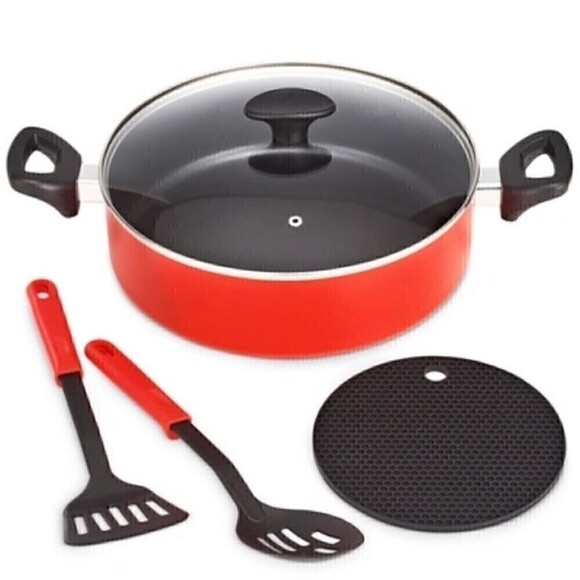 New BELLA 5-Pc. Nonstick Everyday set black and red cookware, frying pan - Picture 2 of 8